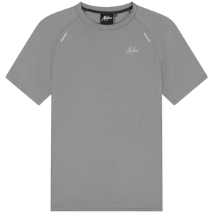 Vooraanzicht van het grijze Malelions Padel Vortex T-Shirt met wit logo op de borst