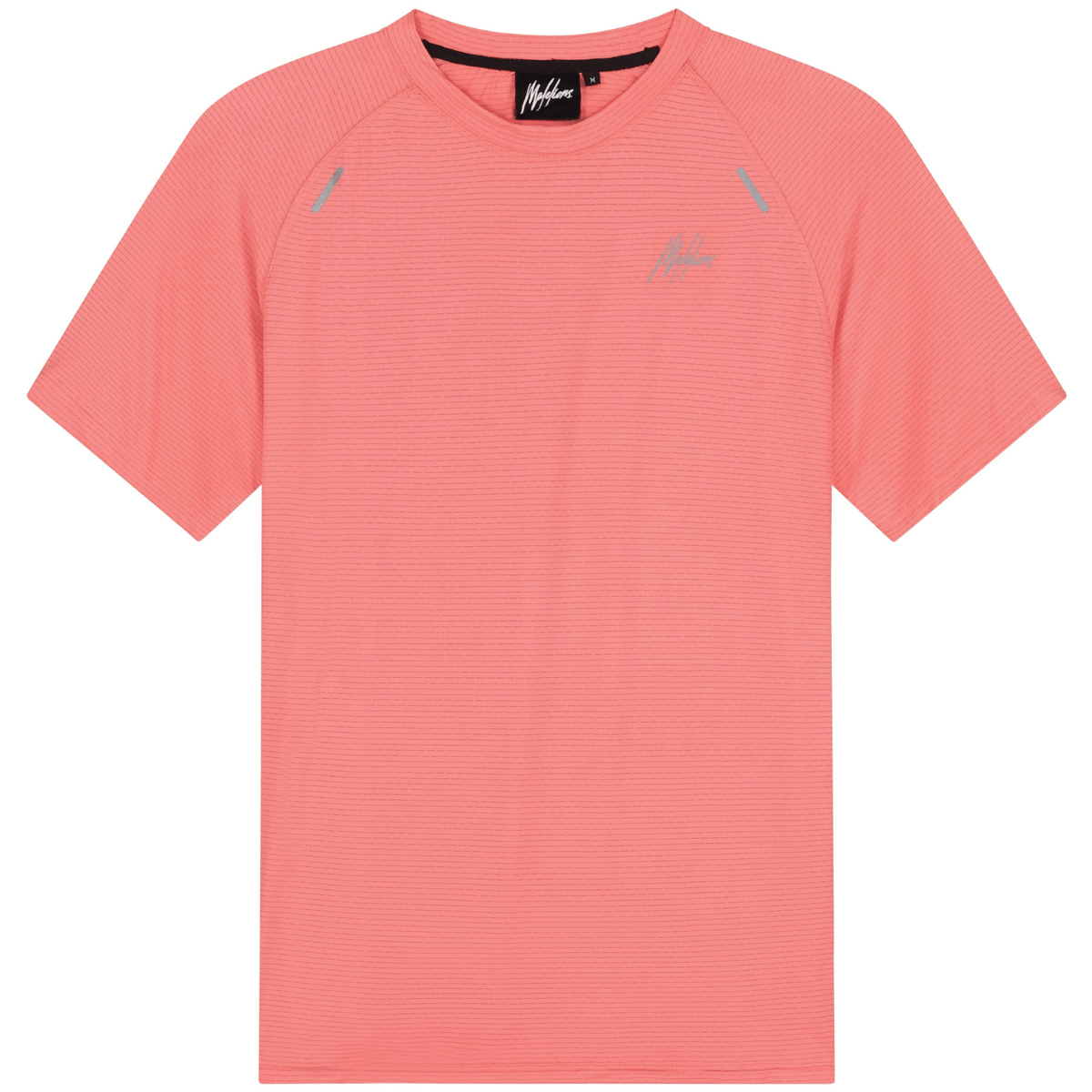 Vooraanzicht van het koraalroze Malelions Padel Vortex T-Shirt met zwarte halsbies