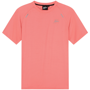Vooraanzicht van het koraalroze Malelions Padel Vortex T-Shirt met zwarte halsbies