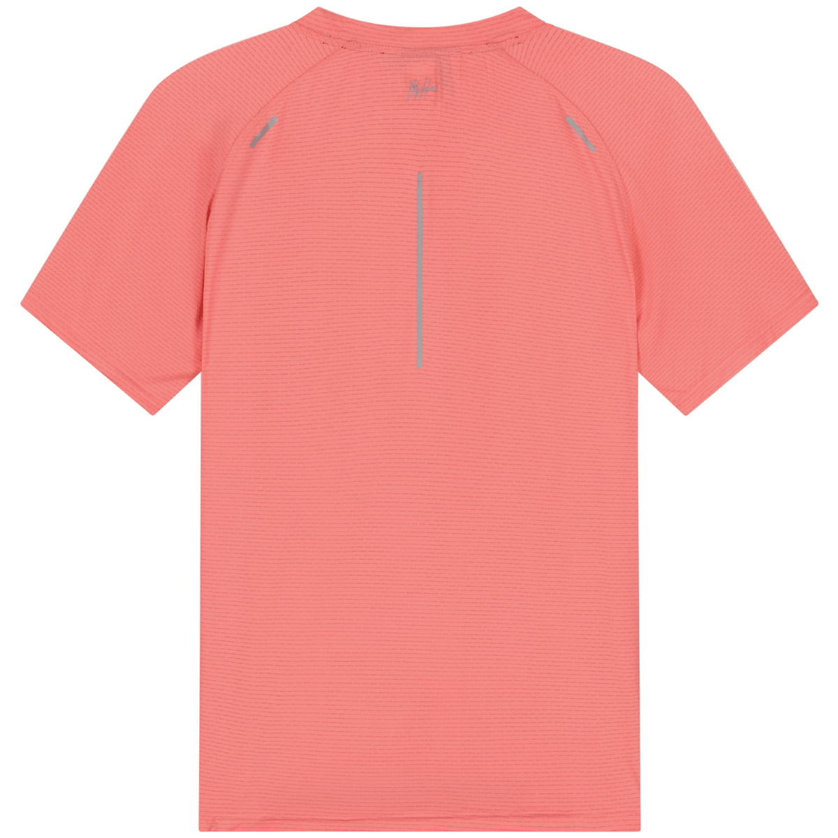 Achterkant van het koraalroze Malelions Padel Vortex T-Shirt met verticale reflectiestreep