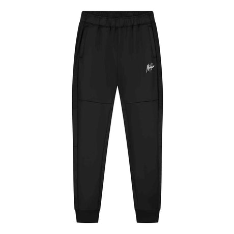 Vooraanzicht van de zwarte Malelions Sport Ace Trackpants met wit logo op het dijbeen