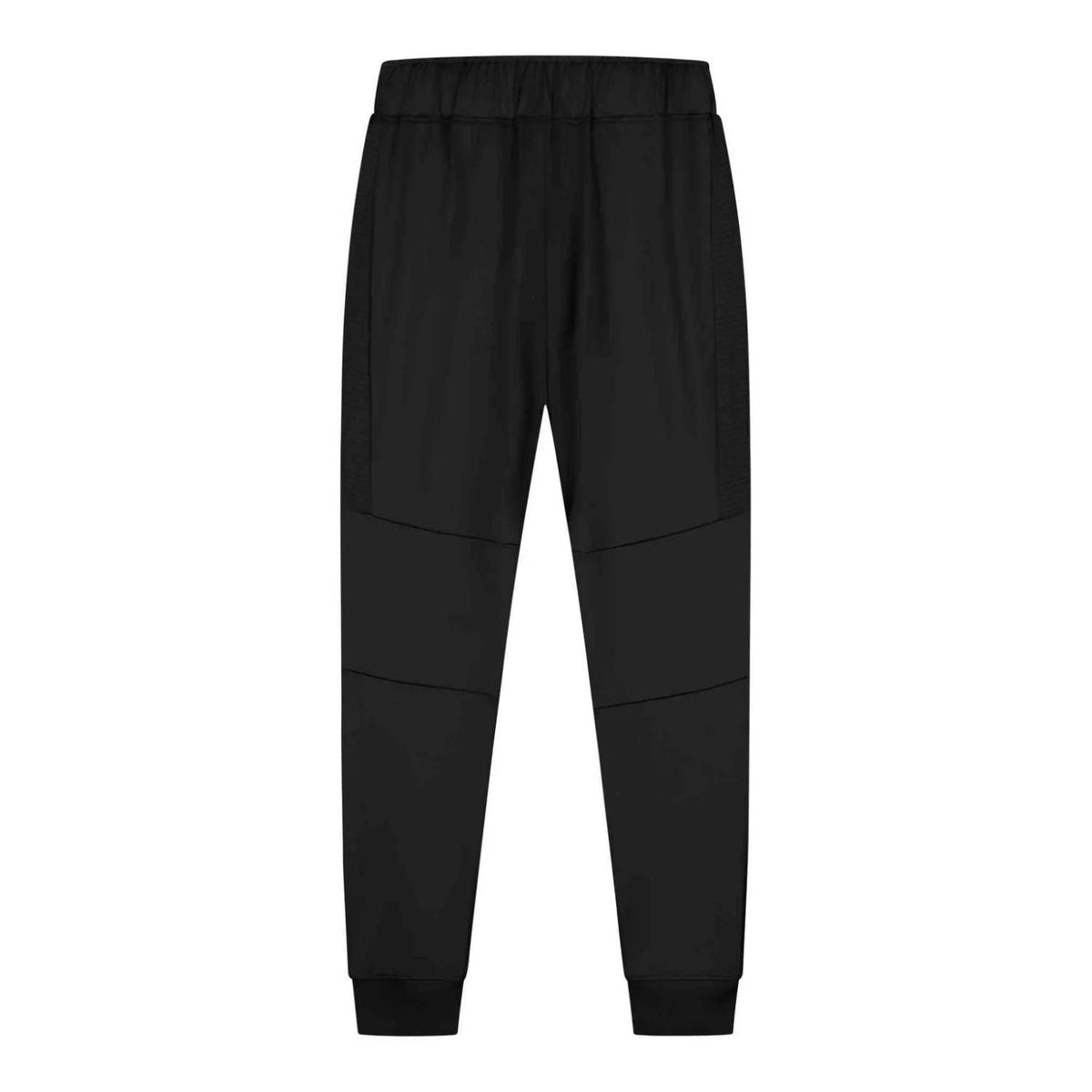 Achterkant van de zwarte Malelions Sport Ace Trackpants met kniepanelen en enkelboord
