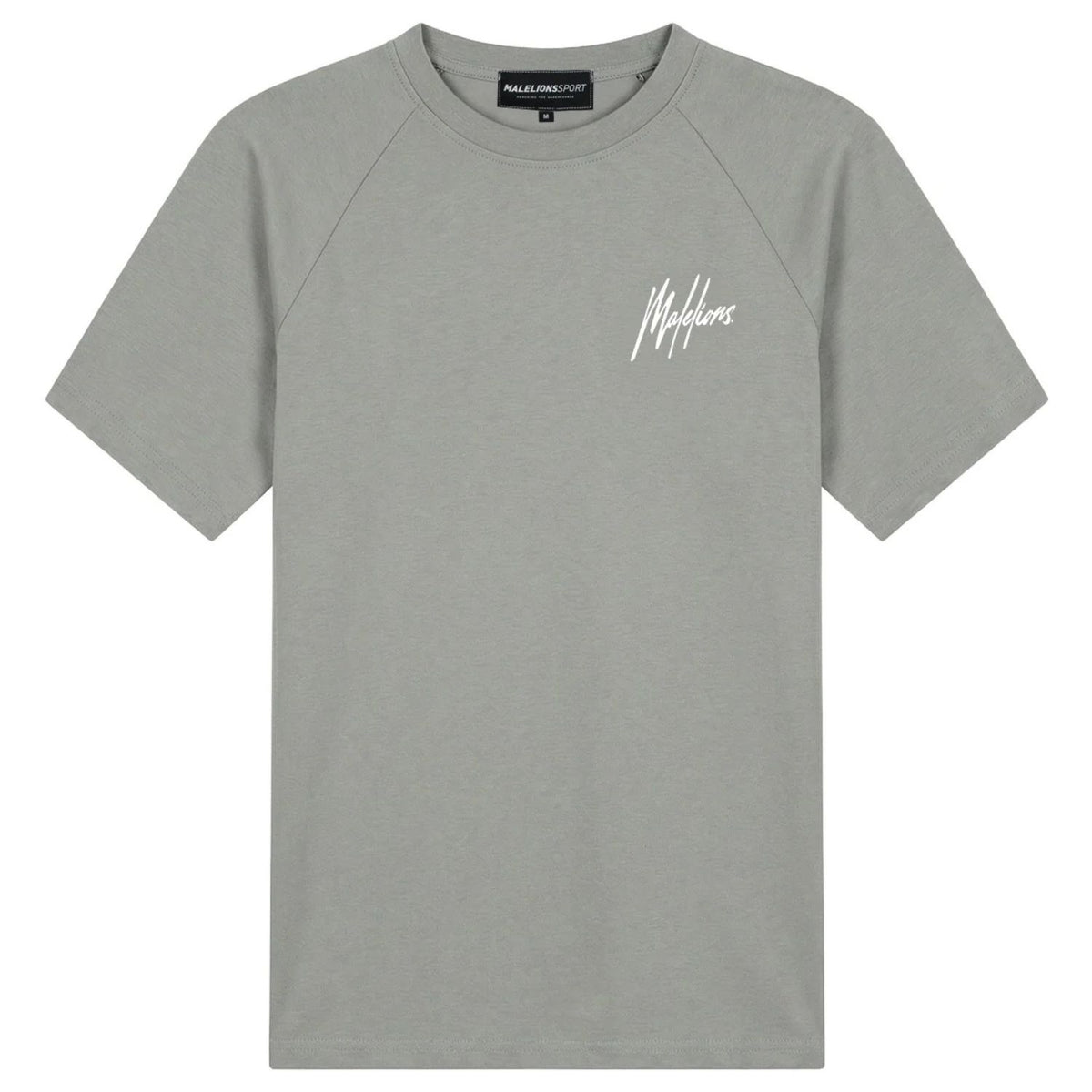 Malelions Sport raglan T-shirt in grijsgroen met wit logo, vooraanzicht