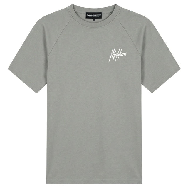 Malelions Sport raglan T-shirt in grijsgroen met wit logo, vooraanzicht