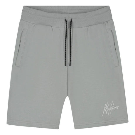 Malelions Sport Logo Shorts in Ocean Grey met trekkoord en wit logo, vooraanzicht