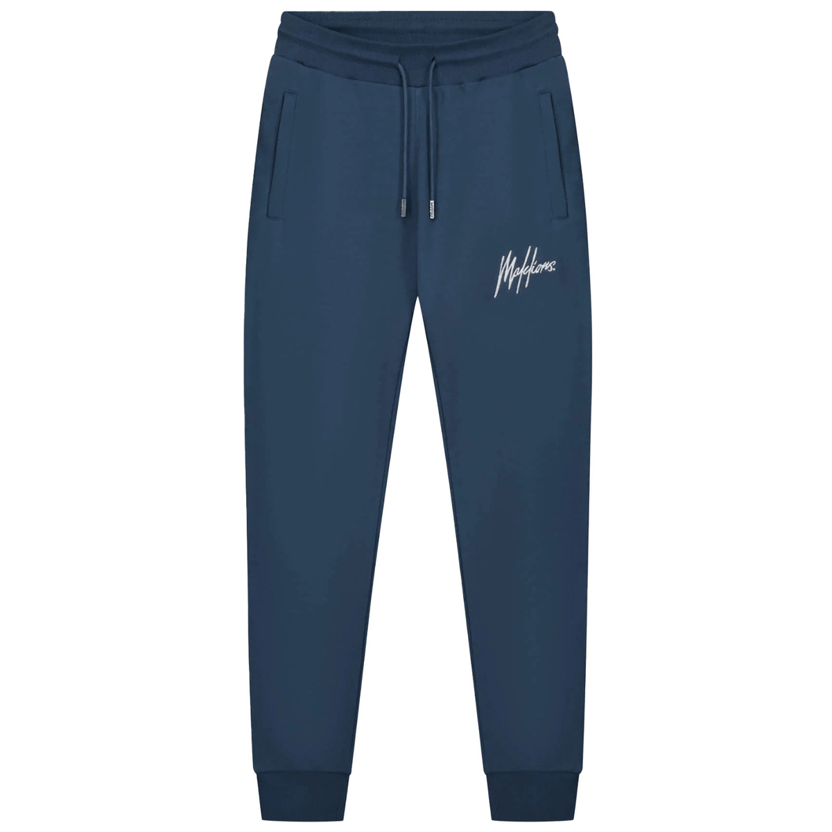 Vooraanzicht van de donkerblauwe Malelions Sport Logo Sweatpants met licht logo op de pijp