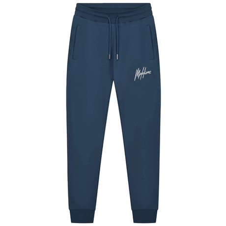 Vooraanzicht van de donkerblauwe Malelions Sport Logo Sweatpants met licht logo op de pijp