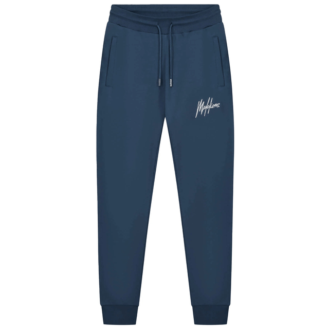Vooraanzicht van de donkerblauwe Malelions Sport Logo Sweatpants met licht logo op de pijp