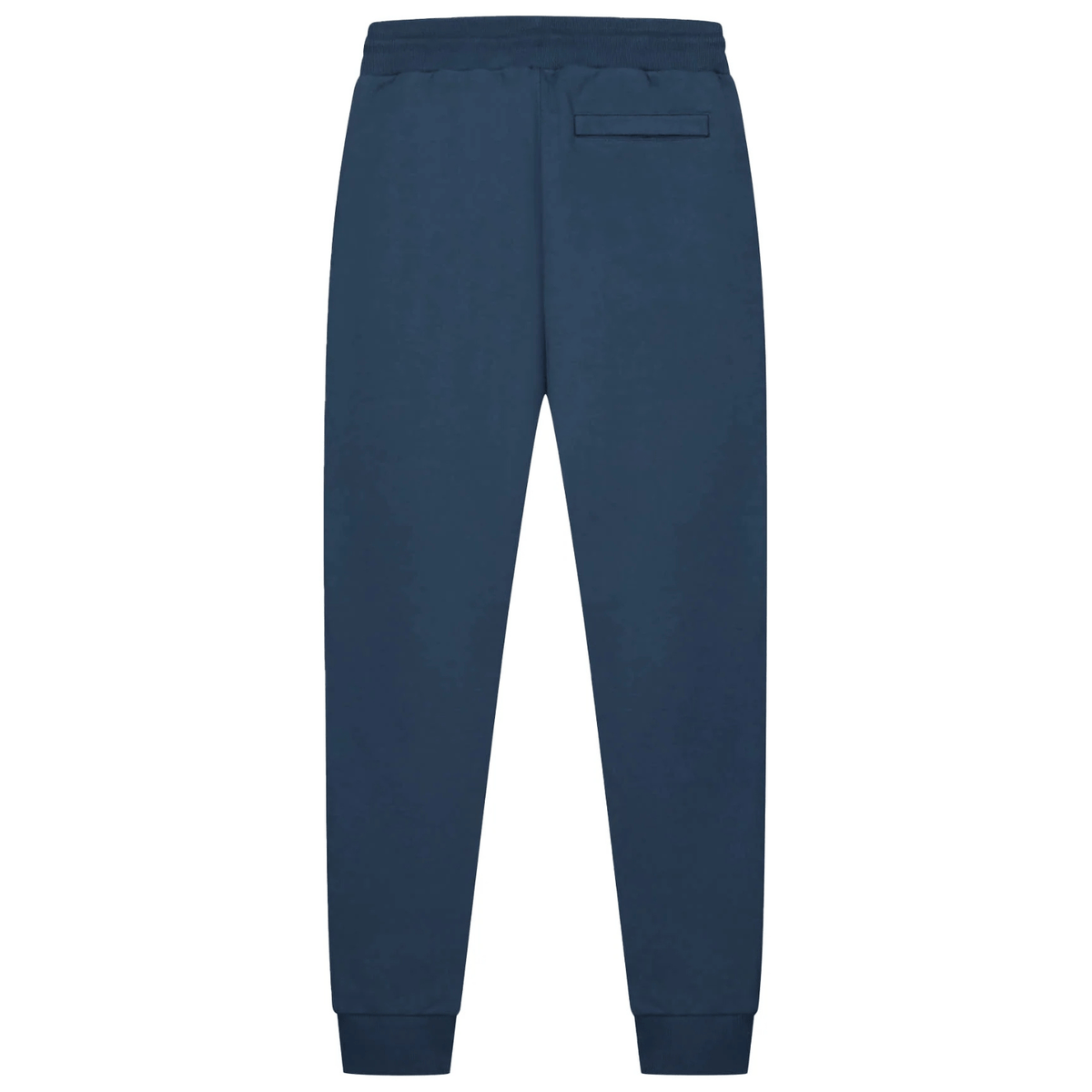Achterkant van de donkerblauwe Malelions Sport Logo Sweatpants met paspelzak op de zitting