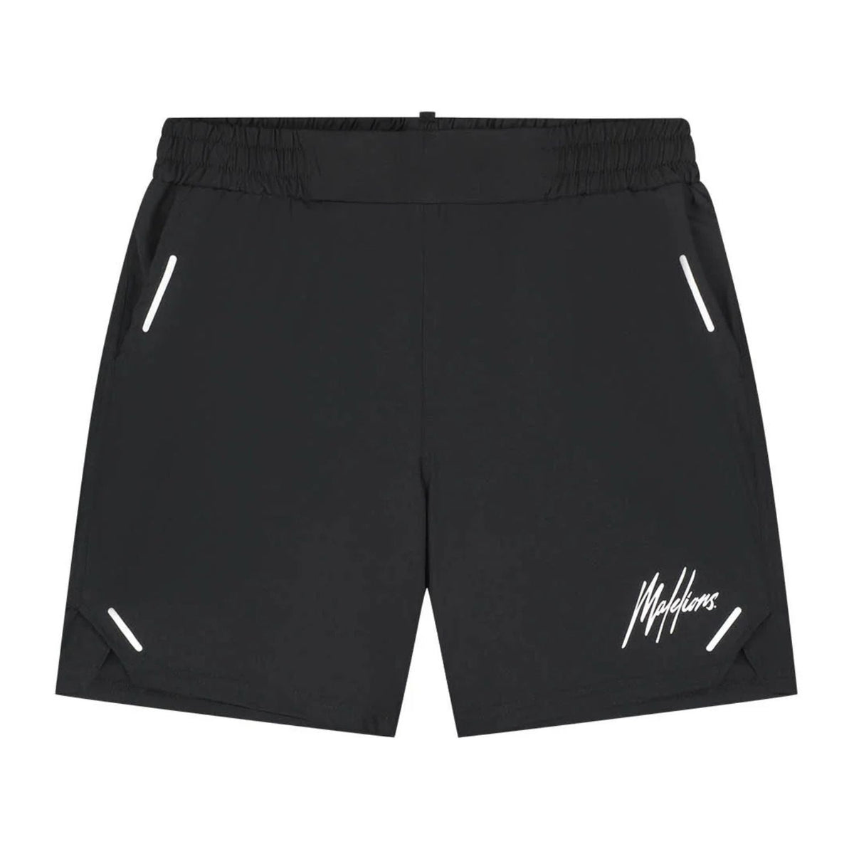 Vooraanzicht van de zwarte Malelions Sport Pique Shorts met wit logo op de rechterpijp