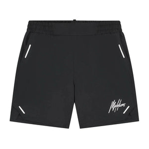 Vooraanzicht van de zwarte Malelions Sport Pique Shorts met wit logo op de rechterpijp
