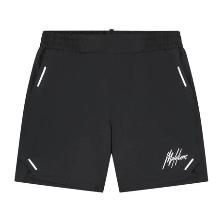 Vooraanzicht van de zwarte Malelions Sport Pique Shorts met wit logo op de rechterpijp