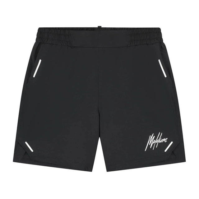 Vooraanzicht van de zwarte Malelions Sport Pique Shorts met wit logo op de rechterpijp
