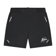 Vooraanzicht van de zwarte Malelions Sport Pique Shorts met wit logo op de rechterpijp