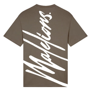 Achterzijde van het olijfbruine Malelions Sport T-shirt met witte logoprint