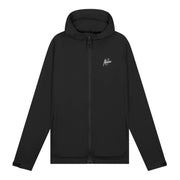 Malelions Sport Running Jacket in Black, vooraanzicht met capuchon, rits en wit borstlogo
