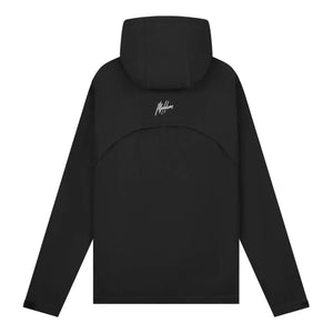 Achterzijde van de zwarte Malelions Sport Running Jacket met capuchon en gebogen naad