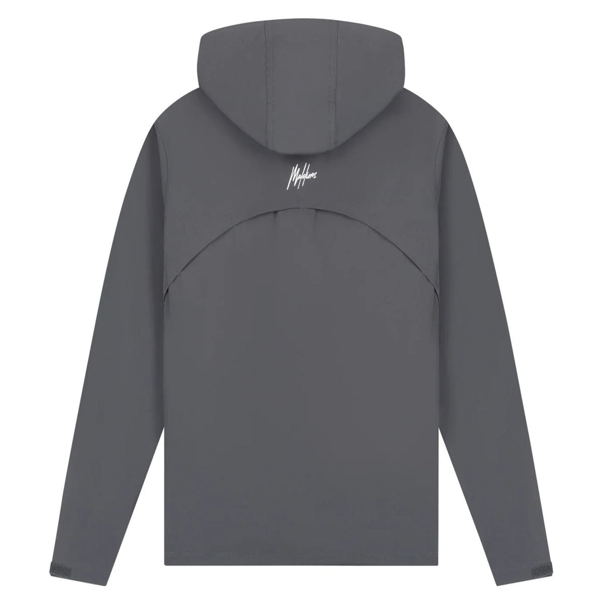 Achterzijde van de antracietgrijze Malelions Sport Running Jacket met gebogen naad
