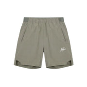 Malelions Sport Running Shorts in Khaki, vooraanzicht in olijfgroen met wit logo