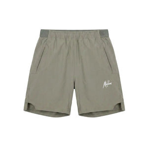 Malelions Sport Running Shorts in Khaki, vooraanzicht in olijfgroen met wit logo
