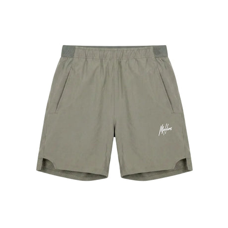 Malelions Sport Running Shorts in Khaki, vooraanzicht in olijfgroen met wit logo