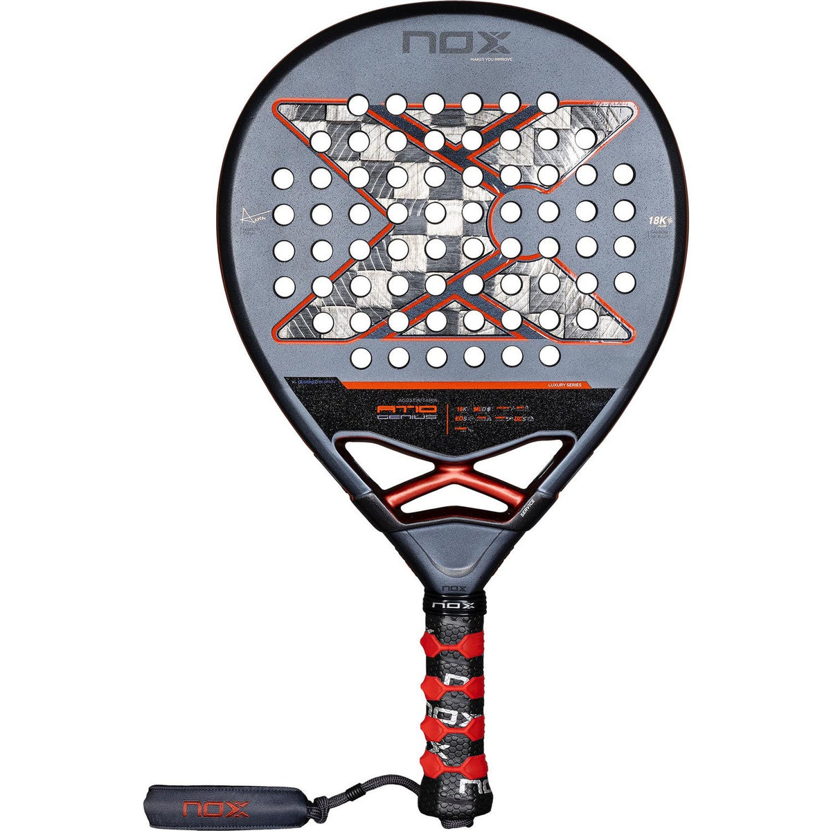 NOX AT10 Genius 18K padelracket in grijs met oranjerode belijning, vooraanzicht
