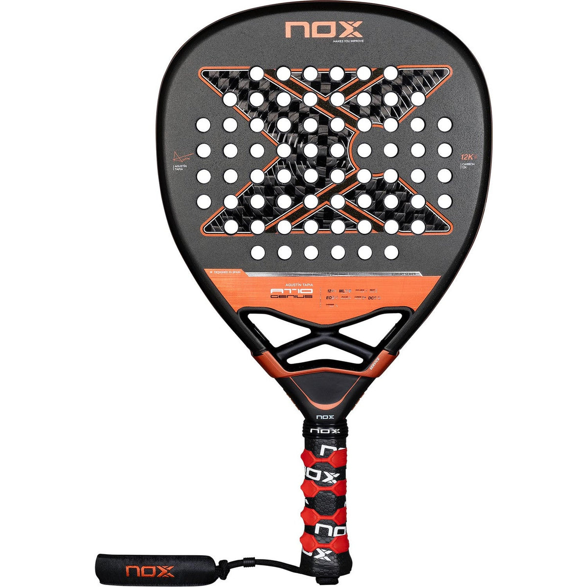 NOX AT10 Genius Attack 12K padelracket in grijs met koperoranje rand, vooraanzicht