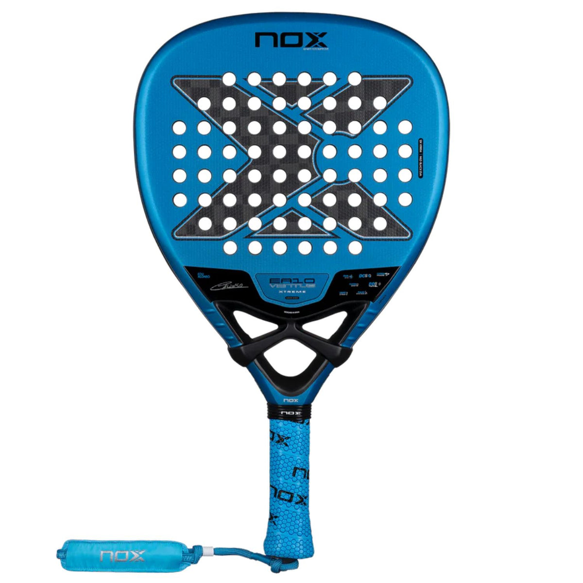 NOX EA10 Ventus Attack 12K Xtreme 2026 padelracket in blauw met zwart, vooraanzicht