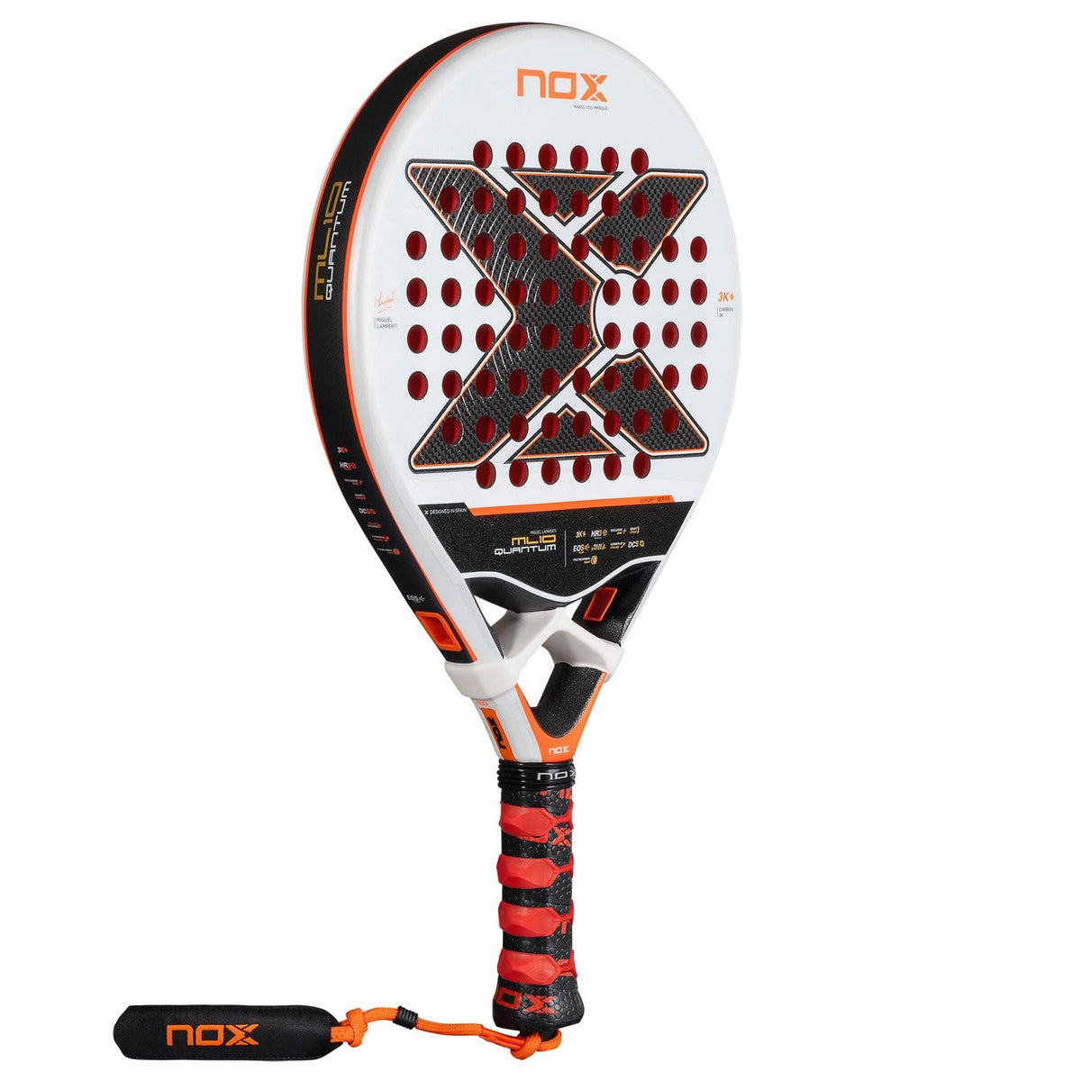 NOX ML10 Quantum 3K padelracket schuin vooraanzicht, ronde vorm in wit met zwart
