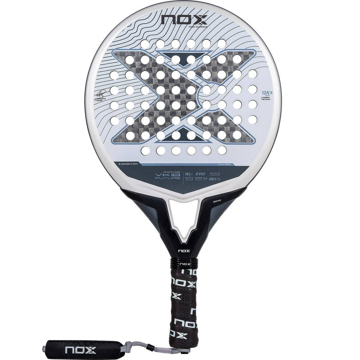 NOX Vk10 padelracket in wit met grijs X-motief en witte nox-grip, vooraanzicht