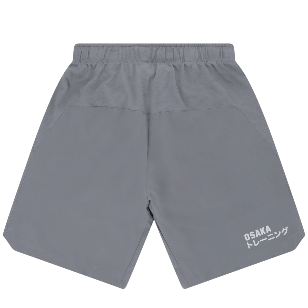 Achterkant van de grijze Osaka Men Training Short met OSAKA-opdruk op de linkerpijp