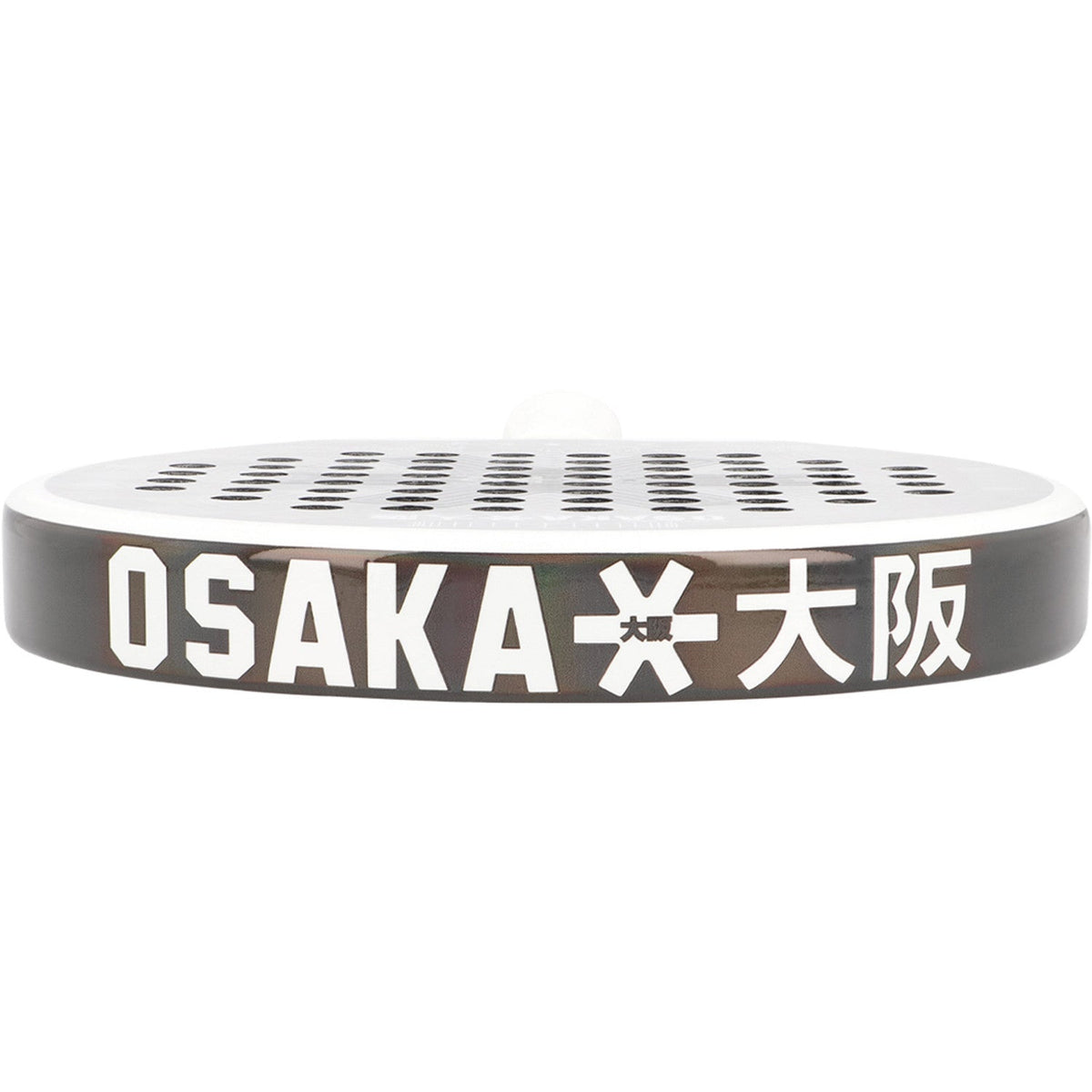 Close-up van de zwarte framerand van de Osaka Pro Tour LTD Control met OSAKA-logo