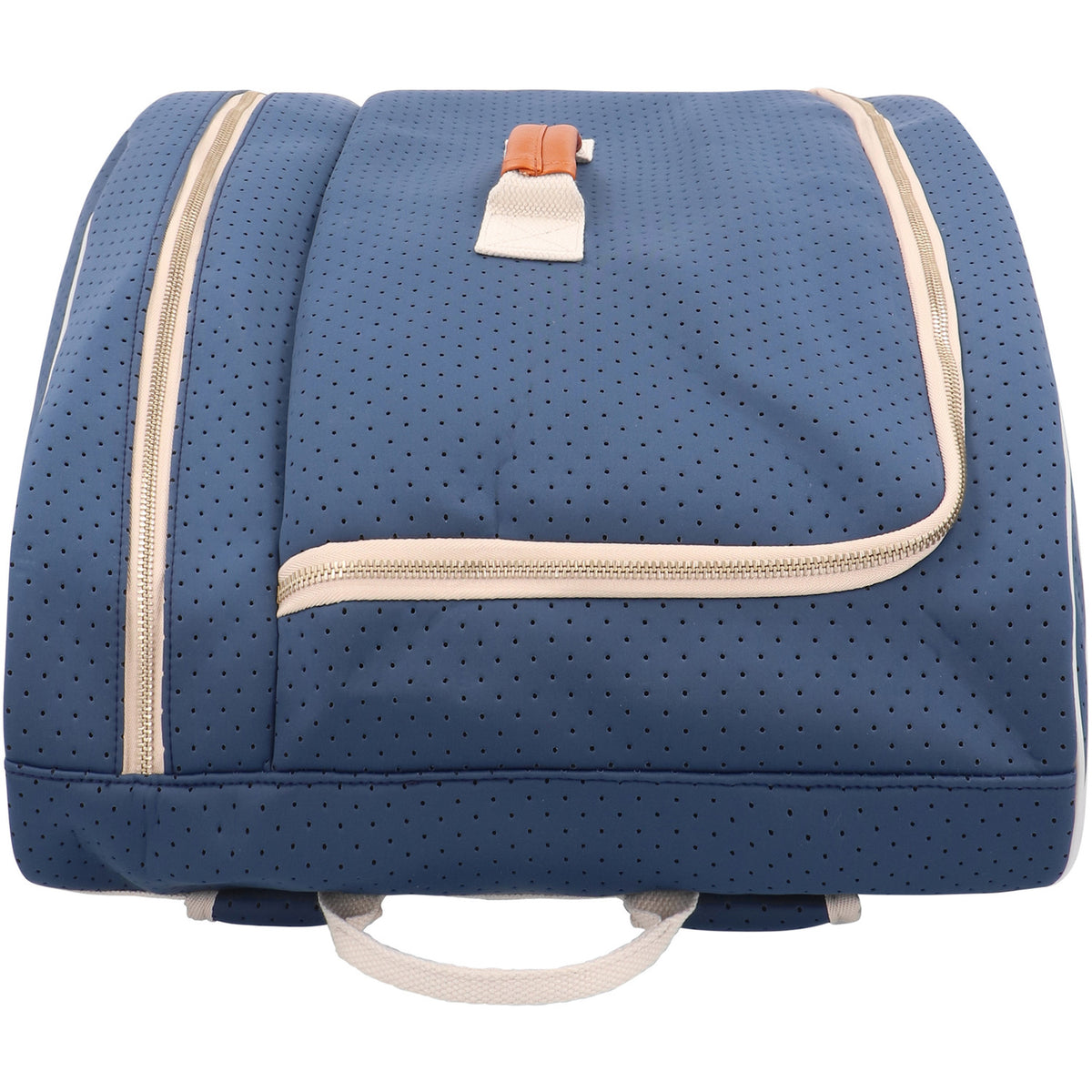 Vooraanzicht van de Osaka Neoprene tas met creme bies en ritsvak