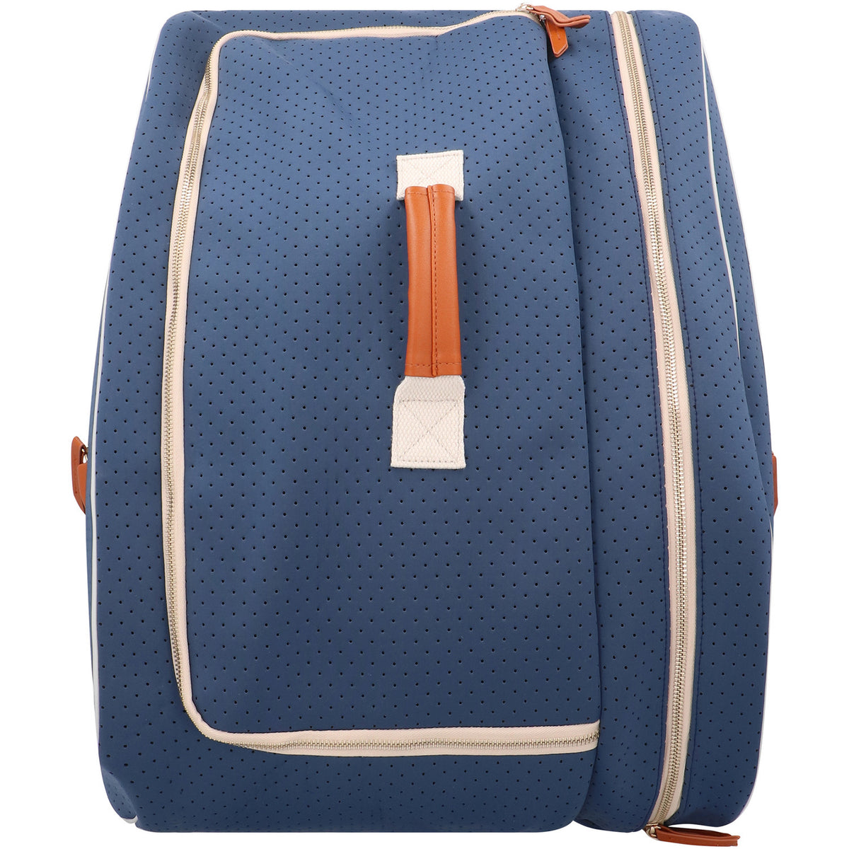 Rechtopstaande donkerblauwe Osaka Neoprene tas met cognac leren draaglus