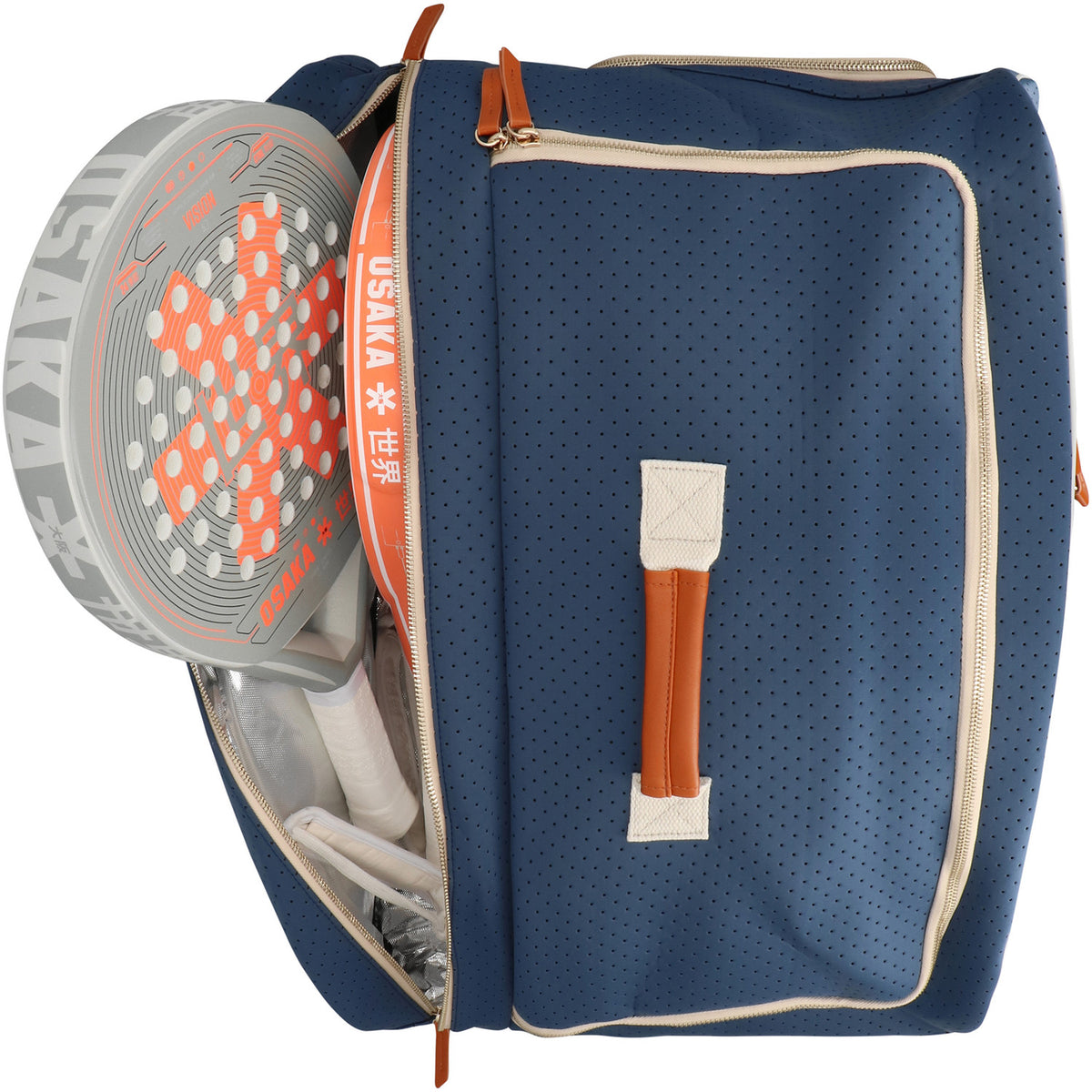 Padelracket in het geopende racketvak van de blauwe Osaka Neoprene tas