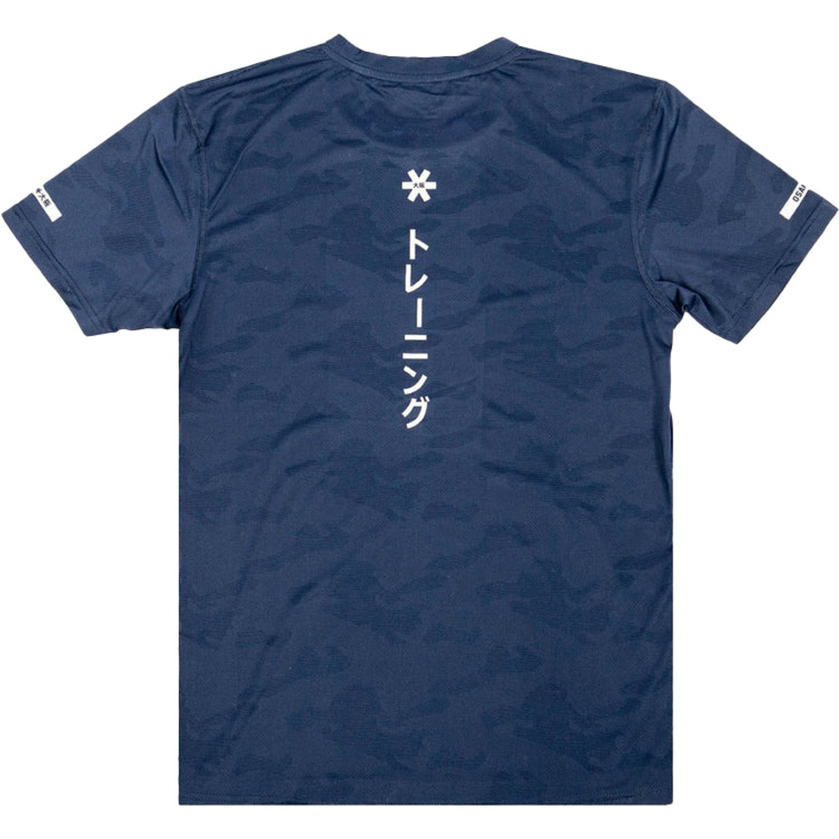 Achterkant van het donkerblauwe Osaka T-Shirt Training met verticale Japanse opdruk