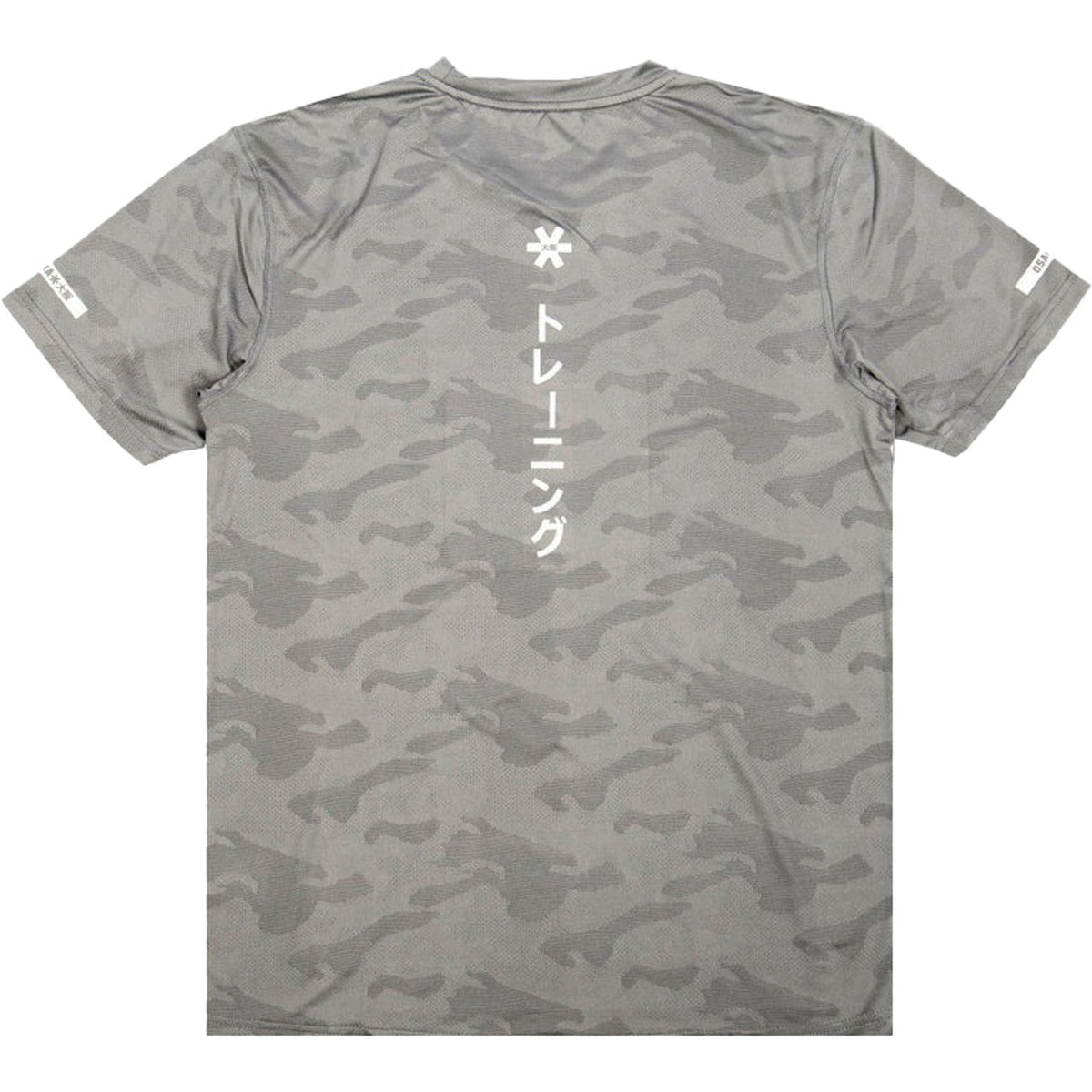 Achterkant van het grijze Osaka T-Shirt Training met verticale Japanse tekens