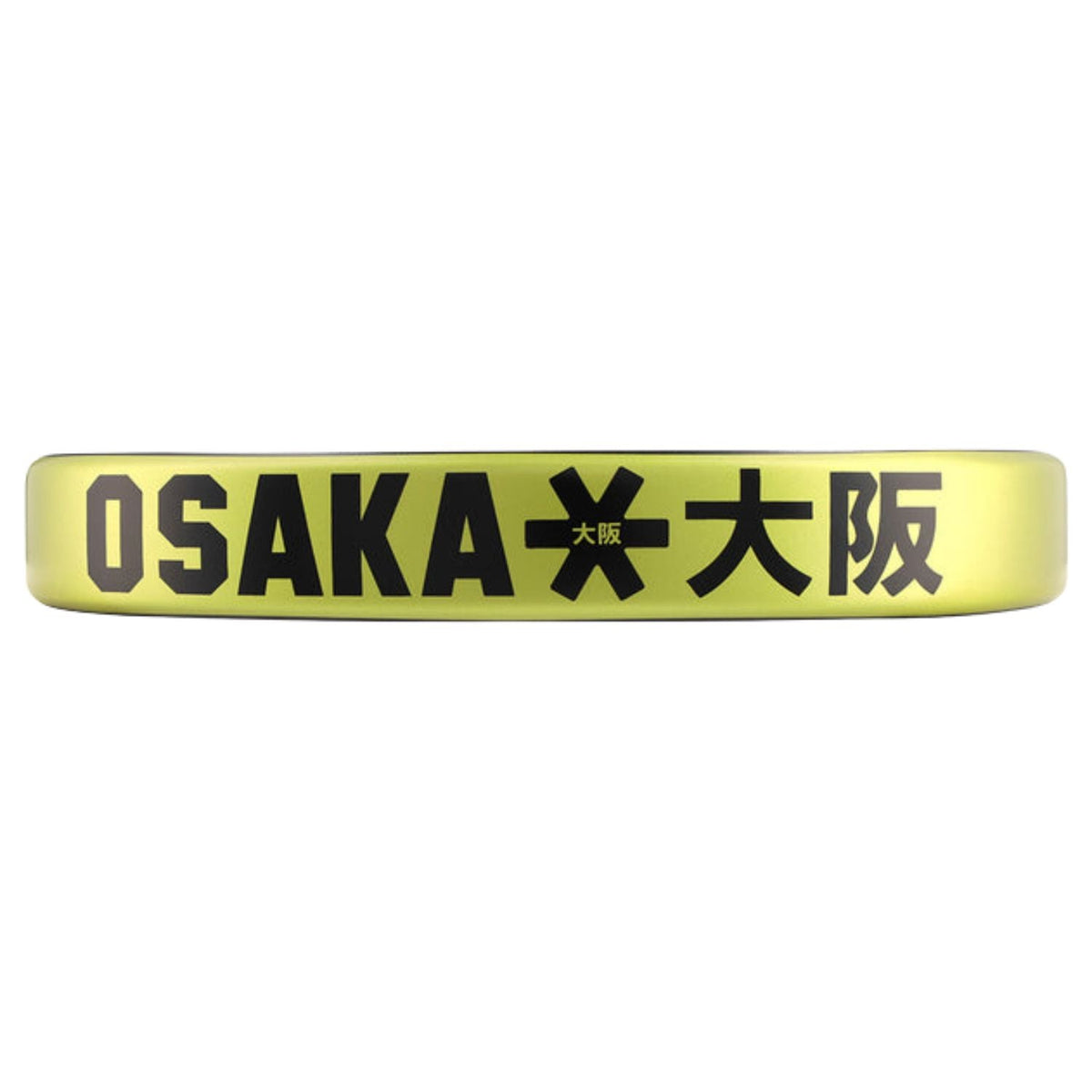Close-up van de gele framerand van de Osaka Vision Pro Power met zwart OSAKA-logo