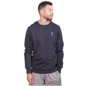Donkerblauwe RS Paris sweater voor heren gedragen met grijze short