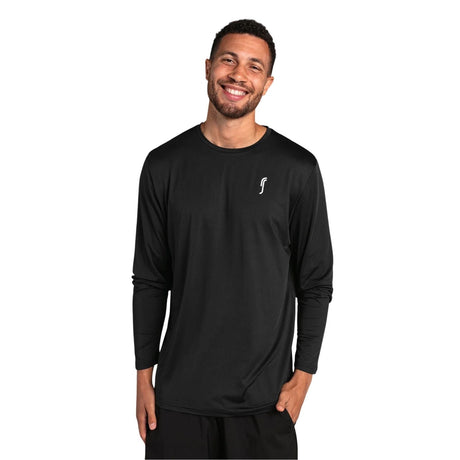 Zwarte RS Performance longsleeve met klein RS-logo op de borst, gedragen