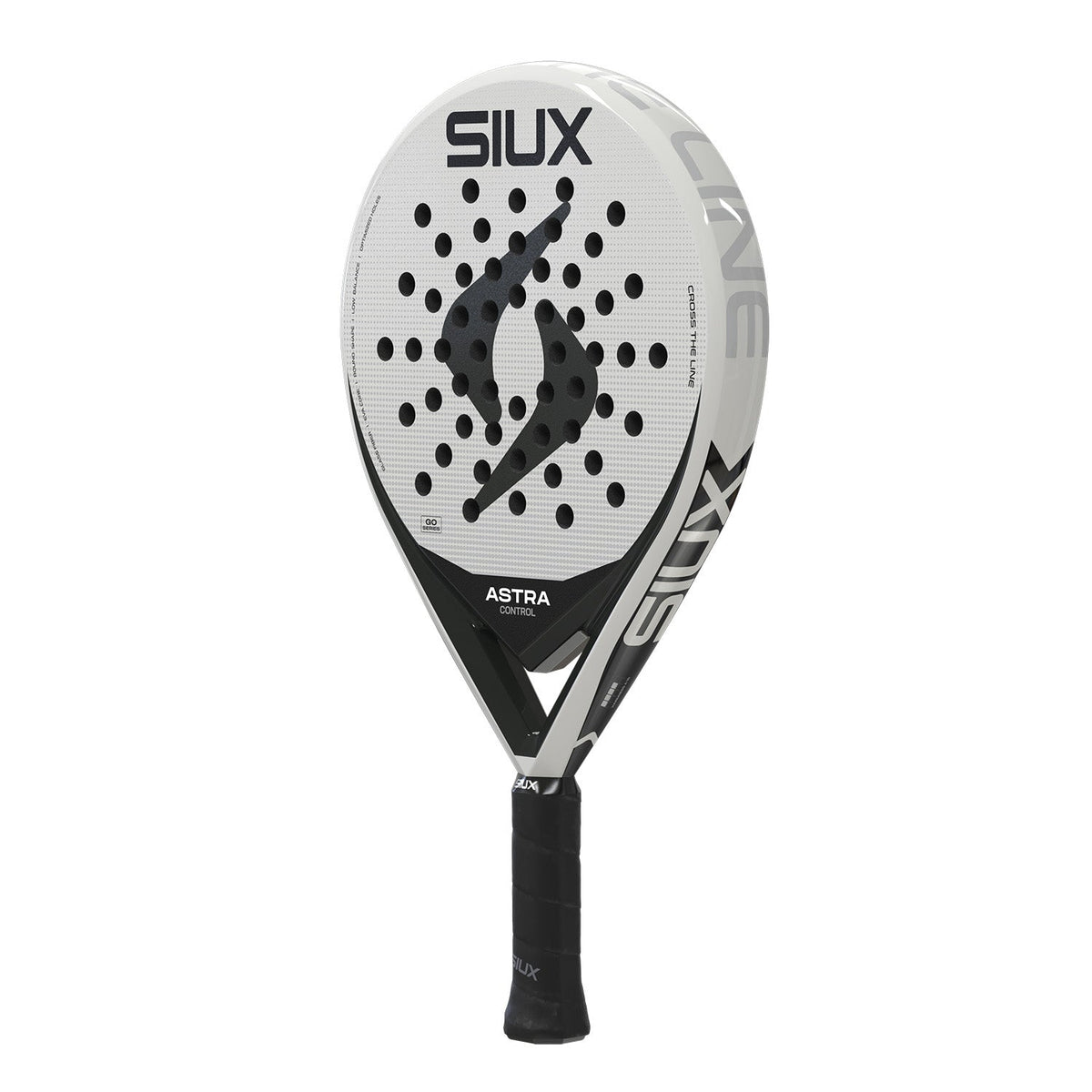Siux Astra Ctrl 26 padelracket schuin vooraanzicht, rondvorm in wit met grijze accenten
