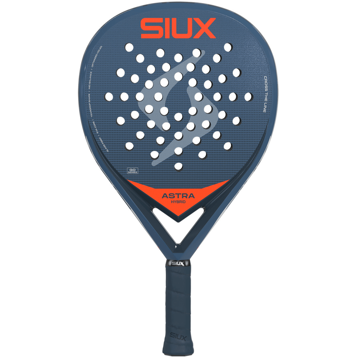 Siux Astra Hybrid 26 padelracket in donkerblauw met oranje SIUX-logo, vooraanzicht
