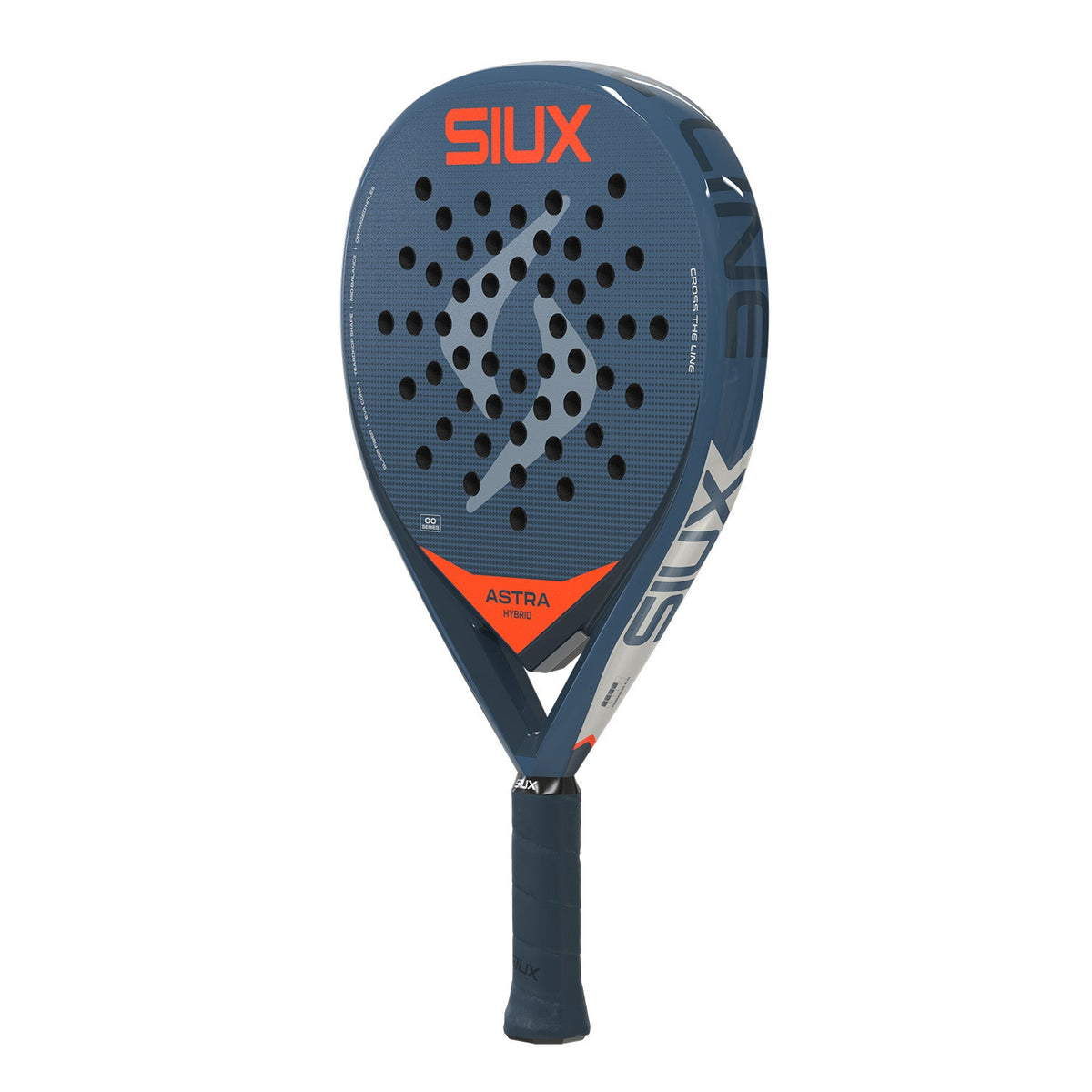 Siux Astra Hybrid 26 padelracket schuin vooraanzicht, druppelvorm in donkerblauw