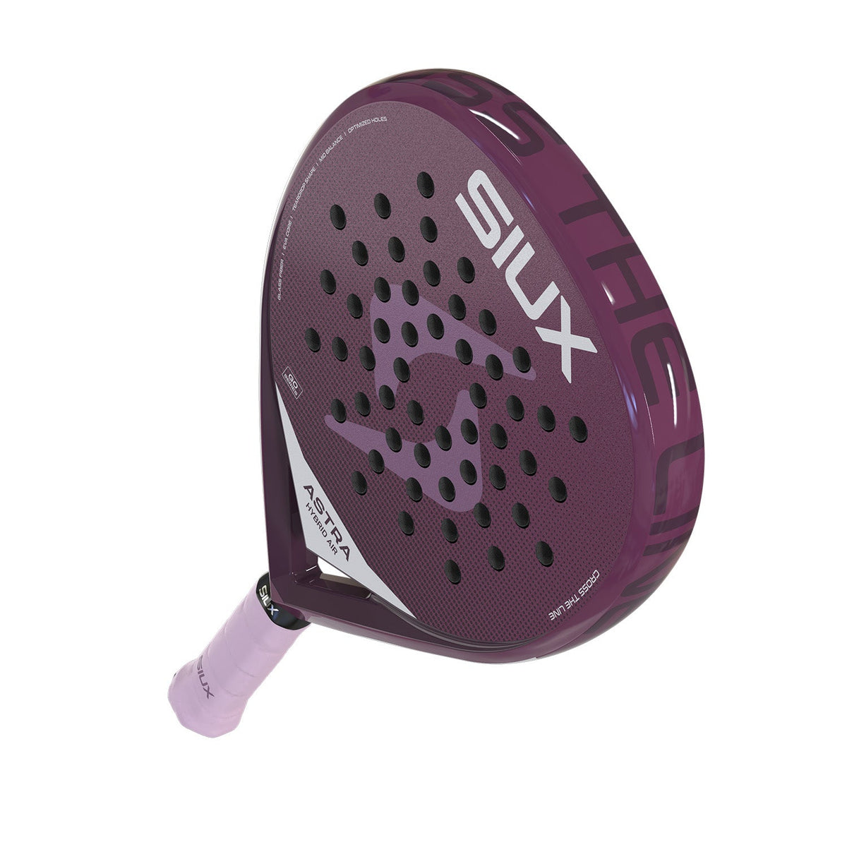 Siux Astra Hybrid Air 26 padelracket schuin van onderen met lichtroze grip in beeld