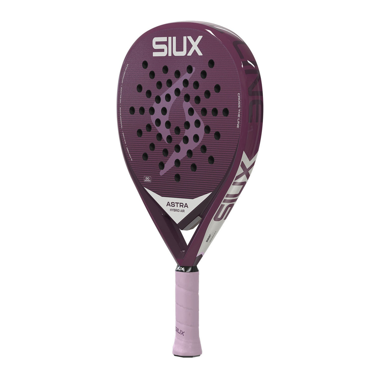 Siux Astra Hybrid Air 26 padelracket schuin vooraanzicht, druppelvorm in paars