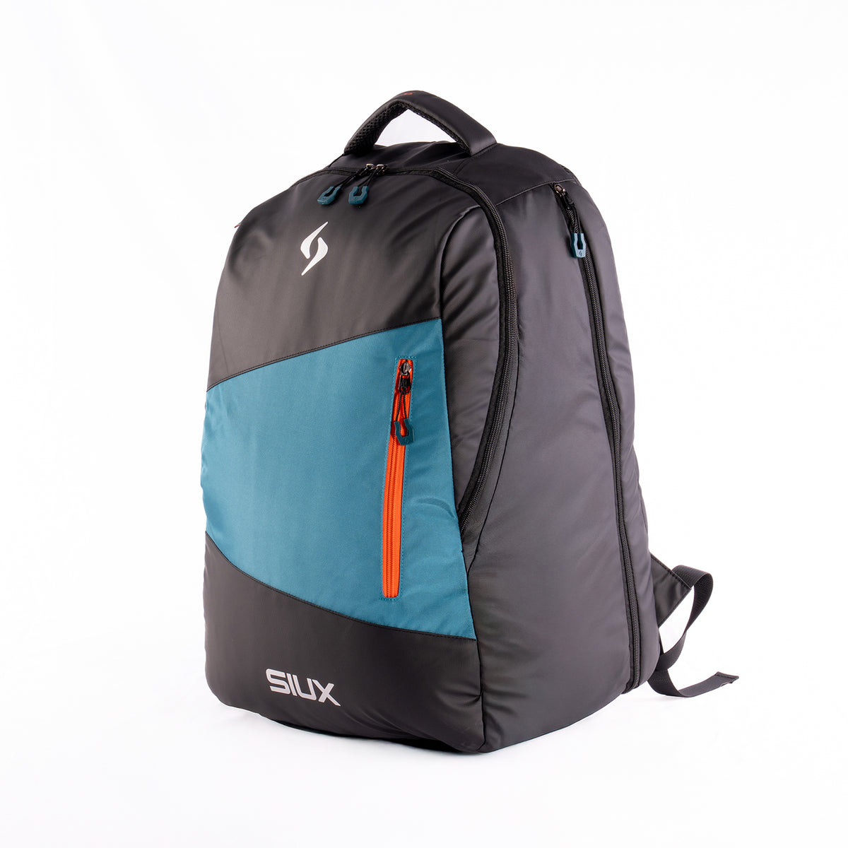 Zijaanzicht van de antracietgrijze Siux Nomad met blauw paneel en oranje ritstrekker