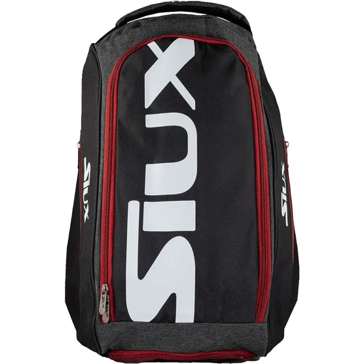 Vooraanzicht van de zwarte Siux Pro Tour rugzak met rode bies en groot wit Siux-logo
