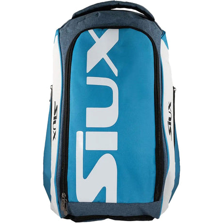 Vooraanzicht van de blauwe Siux Pro Tour rugzak met witte zijvlakken en wit merklogo