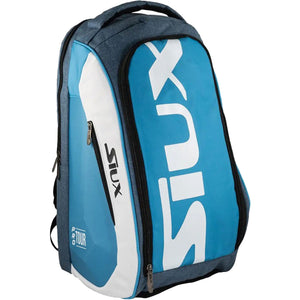 Zijaanzicht van de blauwe Siux Pro Tour backpack met wit paneel en zwarte rits