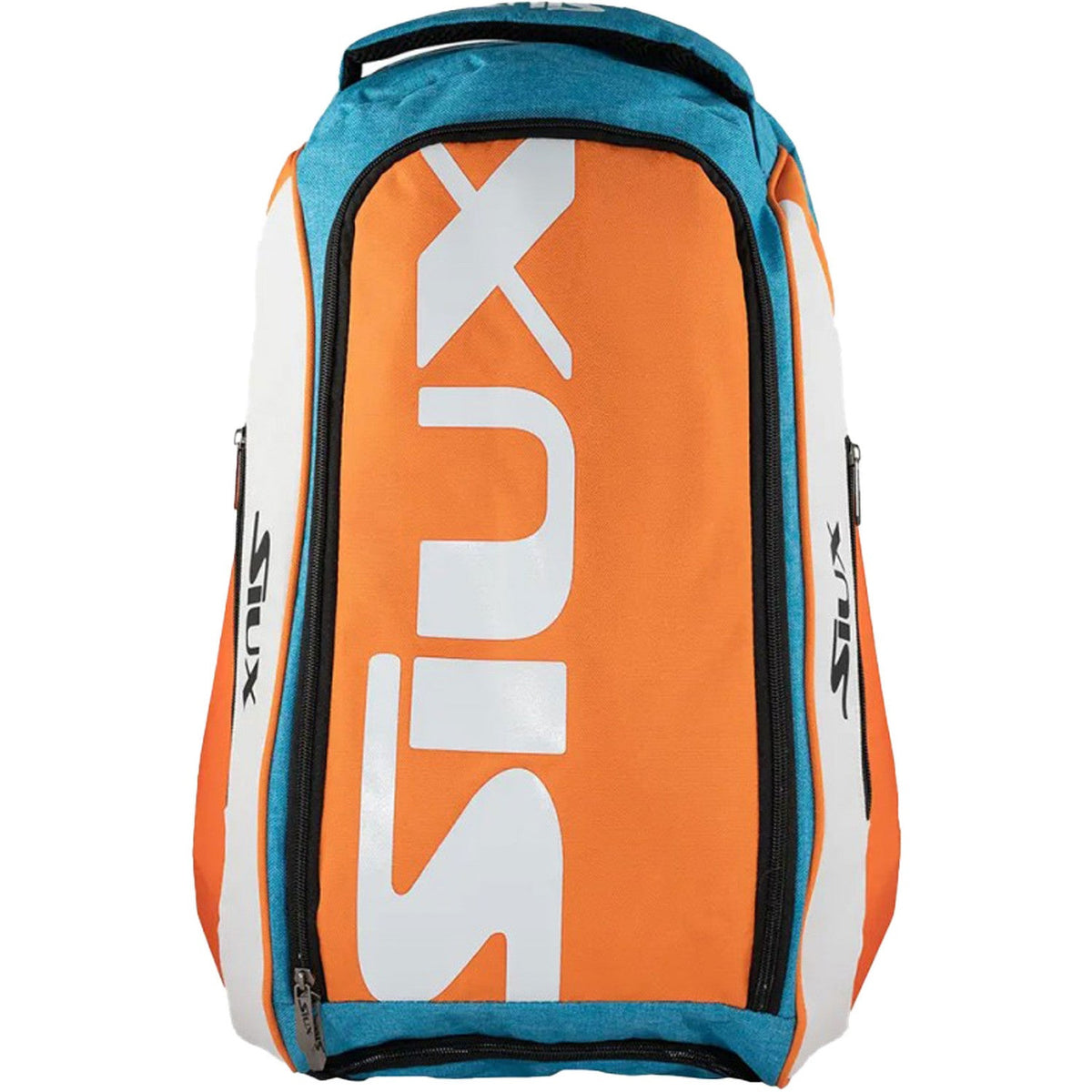 Vooraanzicht van de oranje Siux Pro Tour rugzak met witte vlakken en groot Siux-logo